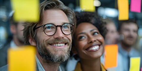Smiling diverse colleagues brainstorm together looking at sticky notes on glass wall in creative modern office for business planning session.