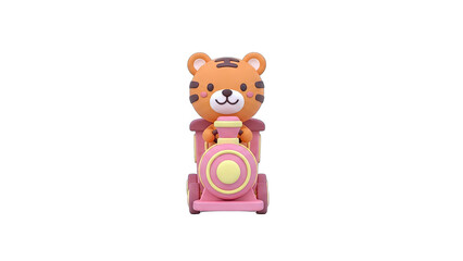Cute Tiger Riding Train Toy on White Background