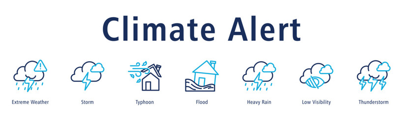 Climate Alert web banner icon vector illustration with icons of Extreme Weather, Storm, Typhoon, Flood, Heavy Rain, Low Visibility, and Thunderstorm.