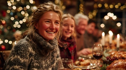 A family joyfully gathers around the holiday table sha laughter and creating memories du their warm and cheerful Christmas celebration.