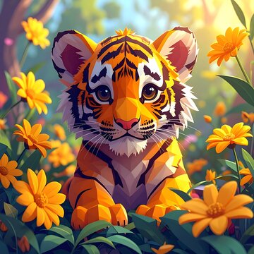 Cartoon tiger cub in a field of bright orange flowers bathed in sunny light. A stylized, geometric rendition