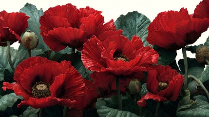 A vibrant display of deep red poppy flowers with ruffled petals and lush green foliage creates a striking and beautiful natural scene.
