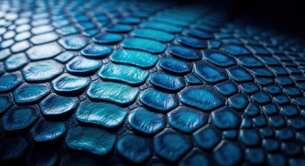 Macro close-up of blue, textured reptile scales, exhibiting depth and detail