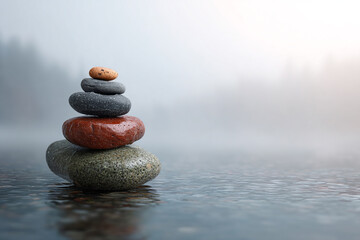 Stone cairn balanced precariously on wet rocks in misty water with a soft, natural background and warm light. Meditation, stability, peace.
