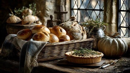 A rustic kitchen display features freshly baked bread rolls in a wicker basket with pie and pumpkin near the window on a wooden surface.