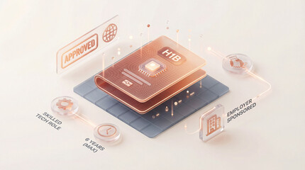 Plakat Futuristic H1B work visa approval showing a digital passport chip and glowing icons, symbolizing skilled immigration and tech talent recruitment