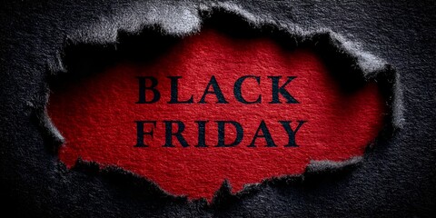 Black Friday message revealed through a torn black paper, with a vibrant red background highlighting the promotional event day.
