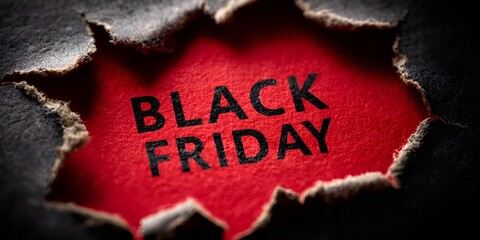 Black Friday text revealed through torn black paper, showcasing the holiday sales event and the excitement of discounted shopping deals.