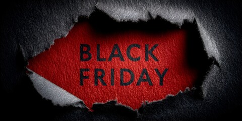 The words Black Friday are revealed through a torn black material background, highlighting sales and seasonal shopping excitement now.