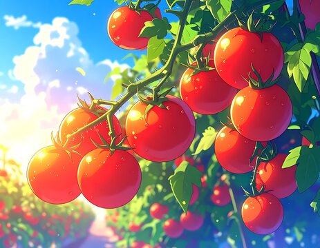 Cartoon tomatoes ripen on vine against blue, cloudy sky. Sunlight brightens vibrant red fruits in a summer garden scene