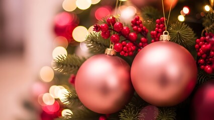 Fototapeta premium Festive christmas decorations with blurred lights and shiny pink ornaments on a tree