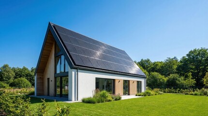 Modern sustainable house with large solar panels on sloped roof and green garden
