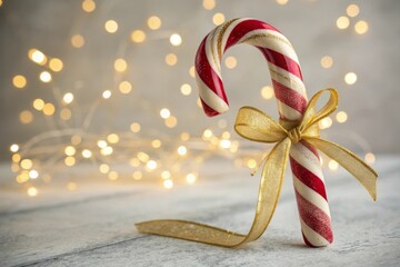 Candy Cane with Golden Ribbon Displayed with Festive Lights
