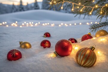 Christmas Baubles Nestled In Fresh Snow Illuminated With Lights