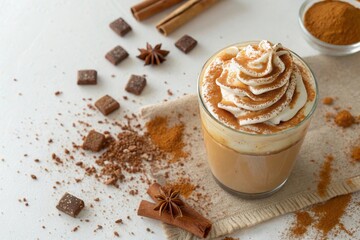 Caramel Latte With Swirls of Whipped Cream on a White Table