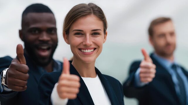 Confident business team give thumbs up work, smiling woman focus with supportive people office setting, positive mood and success energy confident woman leader giving thumbs up work, business people