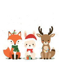 Fototapeta premium Cute Christmas Forest Animals Illustration – Fox, Bunny, and Reindeer