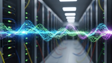 Server room corridor with illuminated data flow visualization overlay