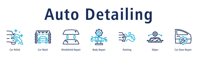 Auto Detailing web banner icon vector illustration with icons of Car Polish, Car Wash, Windshield Repair, Body Repair, Painting, Wiper and Car Door Repair.