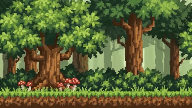 Pixel Art Forest Background for 2D Game Design and Animation.
