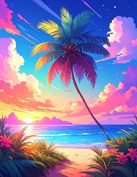 Cartoon tropical beach scene with palm tree at sunset; vivid, bright, and colorful digital painting