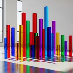 Obraz premium Vibrant, colorful, metallic columns of varying heights stand in a bright, modern room
