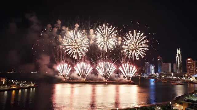 Timelapse of colorful fireworks exploding over Ho Chi Minh City skyline and Saigon River