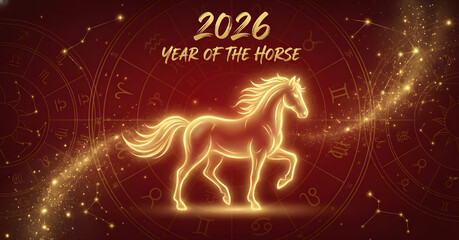 Traditional Lunar New Year 2026 Greeting Card Background with Golden Horse Zodiac