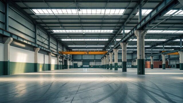 Wide, empty industrial warehouse with tall ceilings and concrete floor, well-lit by skylights