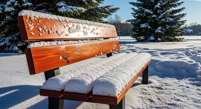 Wooden park bench covered in fresh snow on a sunny winter day, trees in background - Powered by Adobe