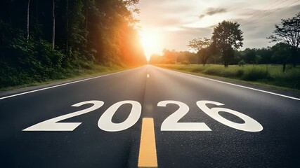 Driving into 2026 with optimism and determination on open road toward bright future and new beginnings at sunset