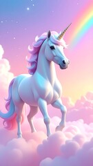 Cartoon unicorn standing on fluffy clouds with a rainbow and stars in the pastel colored sky