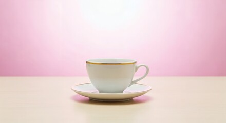 Fototapeta premium Elegant white teacup with gold rim on a matching saucer, placed on a light wooden table against a soft pink and white gradient background, ready for a warm beverage.