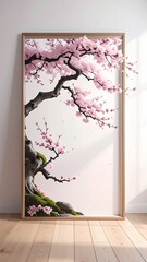 Elegant Cherry Blossom Tree Artwork in a Minimalist Interior.