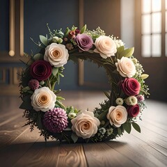 Elegant Floral Wreath with Roses and Greenery on a Wooden Floor.