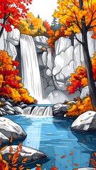 Cartoon waterfall descends rocks into clear stream, framed by vibrant autumn foliage and gray stone formations