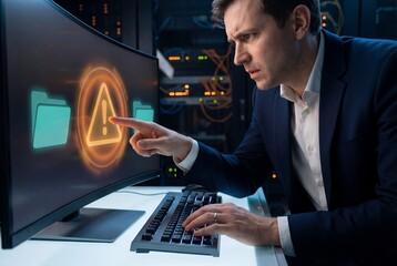 Cybersecurity analyst identifies a malware threat alert on a computer screen in a secure server room
