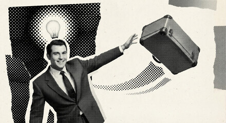 Retro half tone collage of a smiling businessman with a light bulb above his head and throwing a suitcase