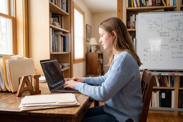 Young woman developer coding on laptop at home office desk with wooden AI letters and whiteboard