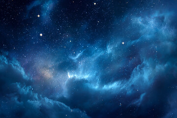 Dramatic blue space background with swirling dark nebula clouds, bright cosmic dust, and glittering stars, showcasing the universe's beauty.