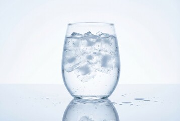 Cold glass of sparkling water with ice cubes and condensation droplets on a white background