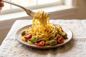 Fork lifting cooked tagliatelle pasta with roasted cherry tomatoes and green olives on a beige table