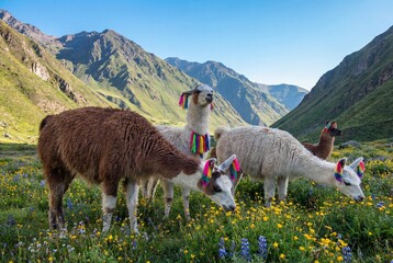 Fototapeta premium Herd of llamas with colorful ear tassels grazing in a lush green mountain meadow with wildflowers