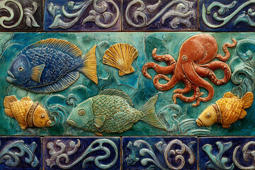 Horizontal ceramic tile panel with richly colored relief carvings of various fish, an orange octopus, and a scallop. Vintage aquatic art.