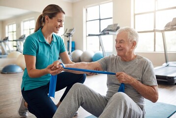 Smiling female therapist helping senior man use blue resistance band for arm exercise in bright gym