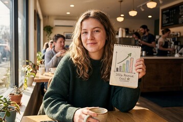 Young female entrepreneur holding notebook with 2026 revenue goal chart in sunny coffee shop