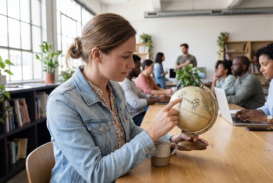 Young professional woman holding a globe with drawings in a busy modern office space - Powered by Adobe