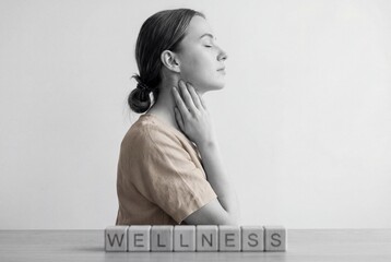Profile of calm young woman touching neck with eyes closed behind wooden blocks spelling wellness