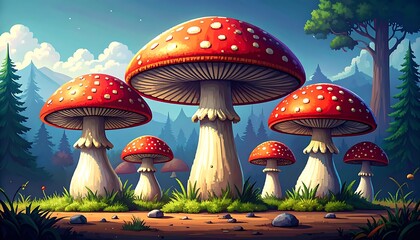 Cartoon whimsical group of vibrant, red-capped mushrooms with white spots in lush green forest, blue sky background