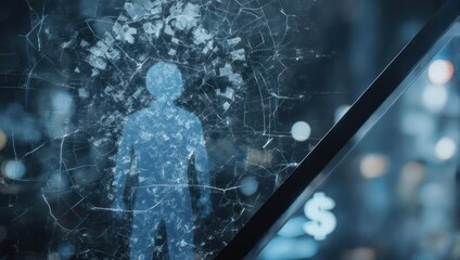 Digital Human Hologram with Network Connections and City Lights.